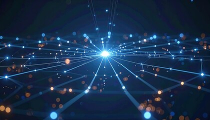 Poster - Abstract digital data network and connectivity visualization with bright light burst and interconnected glowing nodes in a dark background