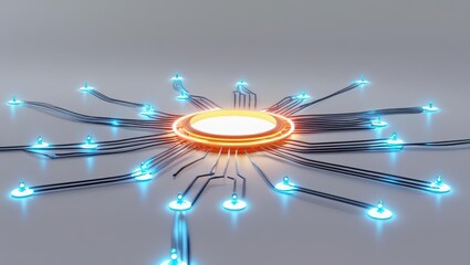 Poster - Futuristic digital hub with glowing blue connections and orange central node representing advanced technology and network communication concept
