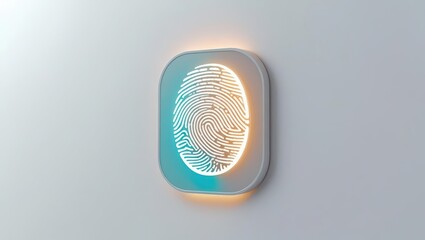 Poster - Modern digital fingerprint scanner mounted on wall for biometric identification with illuminated fingerprint icon and sleek rounded design in a contemporary setting