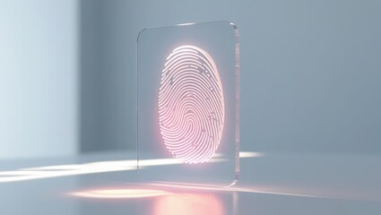 Poster - Transparent biometric fingerprint scanner holding a glowing pink fingerprint pattern on clear glass surface with minimal background and soft lighting