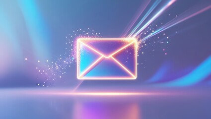 Poster - Neon glowing email envelope icon with radiant light trails and sparkles in a futuristic digital technology background