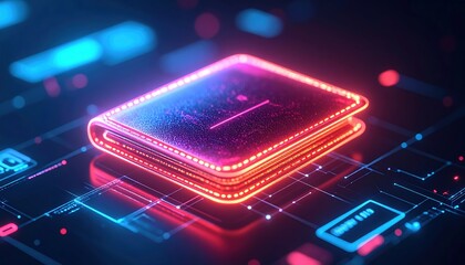 Poster - Futuristic glowing digital chip with vibrant pink and blue neon accents on a hi-tech circuit board for technology innovation and electronic device concept