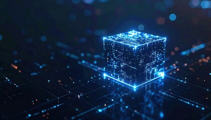 Poster - Futuristic digital cube with glowing lines and glowing particles representing technology innovation and data network visualization in high-tech environment