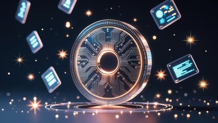 Poster - Highly detailed digital coin with circuit patterns surrounded by floating icons representing technology and blockchain concepts in a futuristic virtual environment
