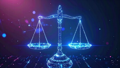 Poster - Digital hologram scale of justice glowing with futuristic technology representing law fairness and legal balance in a high-tech environment