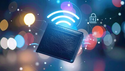 Poster - Innovative wireless technology concept with a modern digital device emitting radio signals in a futuristic digital environment with colorful bokeh lights