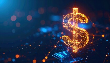 Poster - Digital dollar symbol glowing golden financial technology concept with connected lines and glowing particles in a dark background