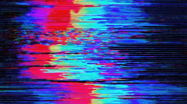 Abstract digital glitch art with vibrant red, blue, and purple horizontal lines, creating a distorted, futuristic visual effect.