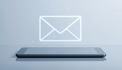 Poster - Modern smartphone with glowing email icon above screen representing digital communication technology, mobile device connectivity, and online messaging