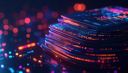 Poster - Abstract digital technology background with layered glowing holographic screens and colorful data streams in a futuristic style with vibrant neon lighting