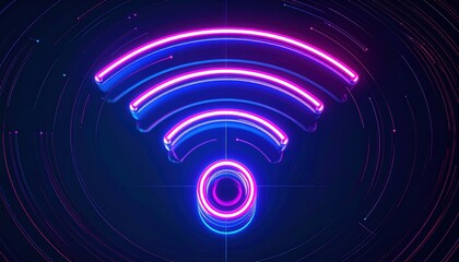 Poster - Vibrant neon wireless signal icon with glowing waves and circular base representing high speed internet connectivity and modern digital communication technology