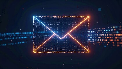 Poster - Digital glowing email envelope icon with neon light effects on dark background representing communication or messaging technology for digital correspondence and online contact