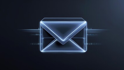 Poster - Futuristic glowing digital email envelope icon with binary code and light effects representing communication technology and electronic messaging