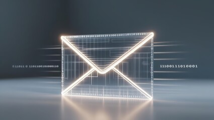 Poster - Futuristic glowing email icon made of illuminated neon lights with digital binary numbers and data stream background on dark reflective surface