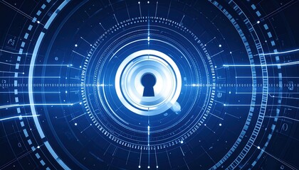 Poster - High tech digital security concept with digital lock symbol surrounded by futuristic data interface with glowing lines and data points on a blue background