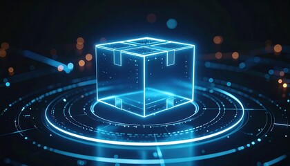 Poster - Futuristic digital hologram of a glowing cube floating above a circular data interface with vibrant neon light effects in a dark technological environment