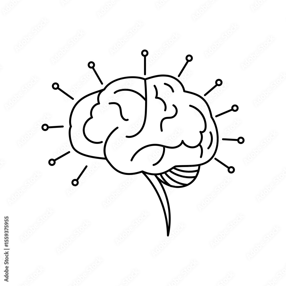 Line art of a human brain with digital nodes, clean black lines on ...