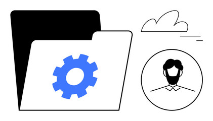 Poster - Open digital folder with blue gear, user avatar in circle, and cloud icon. Ideal for technology, organization, file management, user data, customization, cloud storage simple landing page