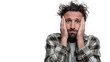 © Subin - A man expressing frustration with hands on his face, isolated on a white background.