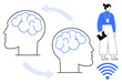 © robu_s - Two outlined brains represented with arrows signifying information flow, a person holding a tablet, and a wireless signal icon. Ideal for technology, communication, neuroscience, connection