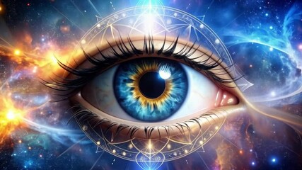Wall Mural - cosmic eye with astral design against starry galaxy background with nebulae and geometric patterns, 