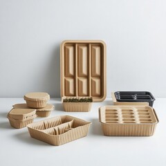 Packaging solution using molded pulp trays, water-based inks, compostable films, recycled paperboard, and minimal design to eliminate plastic from shipping and product display