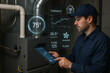 © PixelPlace - Technician monitors and controls a furnace system using a digital tablet, with temperature, flow, and running status displayed as augmented reality data overlays.