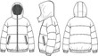 © Shafik Creatives - Winter puffer jacket technical flat sketch, front side back view, fashion cad drawing, hooded coat vector, apparel design illustration