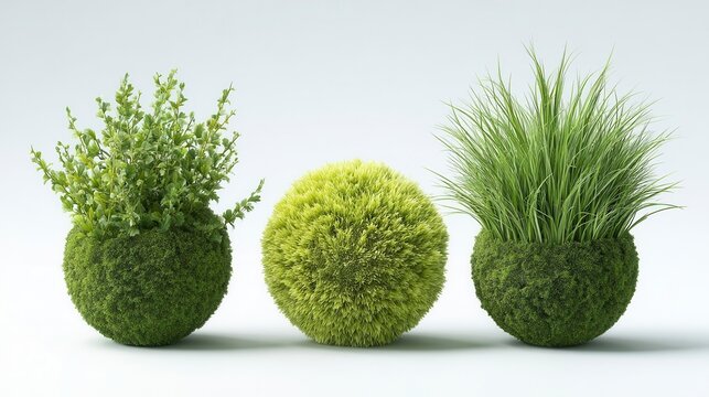 Three Green Pixelated Plant Spheres on White Background