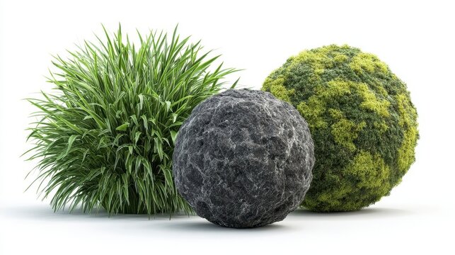 Three Textured Spherical Forms in Green, Gray, and Yellow Green on White