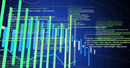 Poster - At start green blue bars rising 3D grid plane forming chart while code scrolling tracing trends