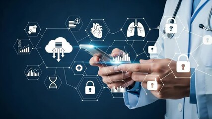 Poster - Doctor using smartphone with medical icons and cloud computing concept interface displayed around him