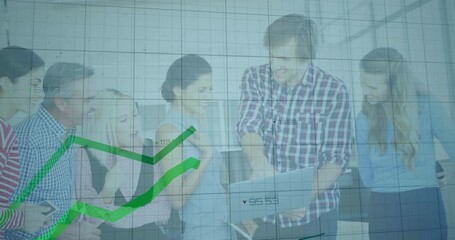 Poster - Colleagues gathering around laptop initiating green black graphs over grid for business insight
