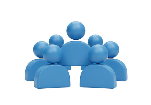 A group of seven blue 3d figures are arranged in a circle around a central figure, isolated on transparent background