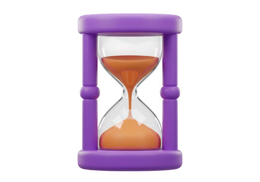A 3d rendering of a purple hourglass with orange sand inside isolated on transparent background