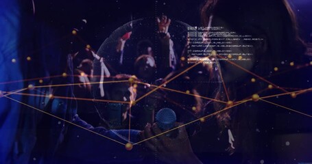 Poster - coworkers raising arm and tilting red phone while manipulating AR globe showing technology network