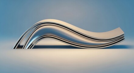 Poster - Abstract Metallic Wave Sculpture on Gradient Blue Background, Smooth Curves and Reflections