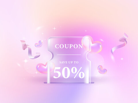 Transparency gift voucher coupon on gradient background. Discount offer tag with shiny, glossy, reflective surface.
