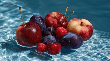 Wall Mural - A variety of fresh fruits, including cherries, plums, and raspberries, floating on clear blue water, creating a refreshing and vibrant summer scene.