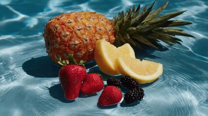 Wall Mural - Fresh pineapple, strawberries, lemon slices, and blackberries float in a clear blue pool, creating a vibrant and refreshing summer scene.
