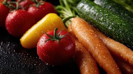 Wall Mural - Fresh vegetables including tomatoes, carrots, and bell peppers with water droplets on a dark surface.