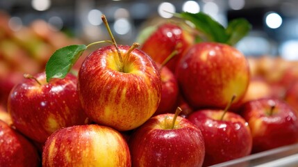 Wall Mural - A pile of fresh, red apples with green leaves on display in a supermarket, glistening under bright lights.