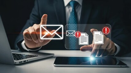 Poster - A person in a suit interacting with email and document icons on a tablet device and laptop