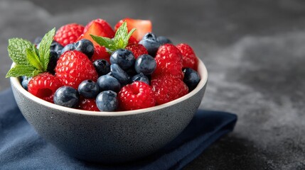 Wall Mural - A bowl filled with fresh raspberries, blueberries, and mint leaves on a dark textured background, placed on a blue napkin.