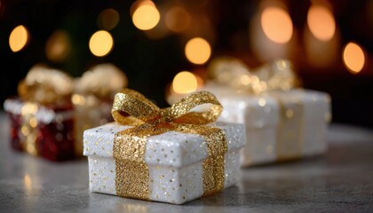 Wall Mural - Festive gift boxes with golden ribbons and bokeh lights create a warm holiday atmosphere.