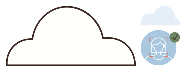 Poster - Large cloud outline with biometric face recognition circle showing face scan and green checkmark. Ideal for digital security, technology, cloud storage, online safety, identity verification, data