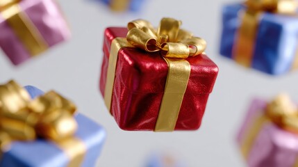 Wall Mural - Floating gift boxes with gold ribbons in red, blue, and pink, creating a festive and celebratory atmosphere on a light background.