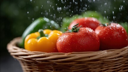 Wall Mural - Fresh tomatoes and bell peppers in a wicker basket with water droplets, capturing a vibrant and healthy garden harvest.