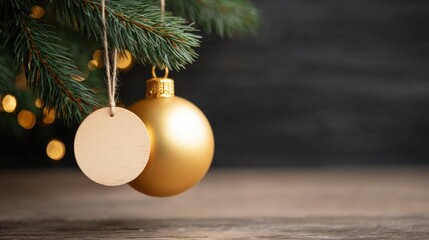 Wall Mural - christmas tree branch with a hanging gold ornament and blank wooden tag, set against a blurred backg