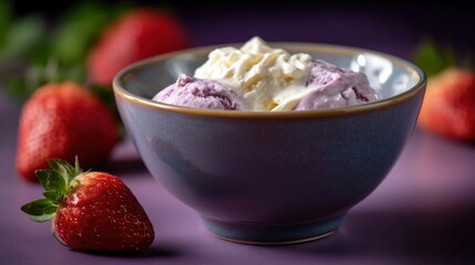 Wall Mural - A bowl of strawberry and vanilla ice cream with whipped cream, surrounded by fresh strawberries on a purple background.